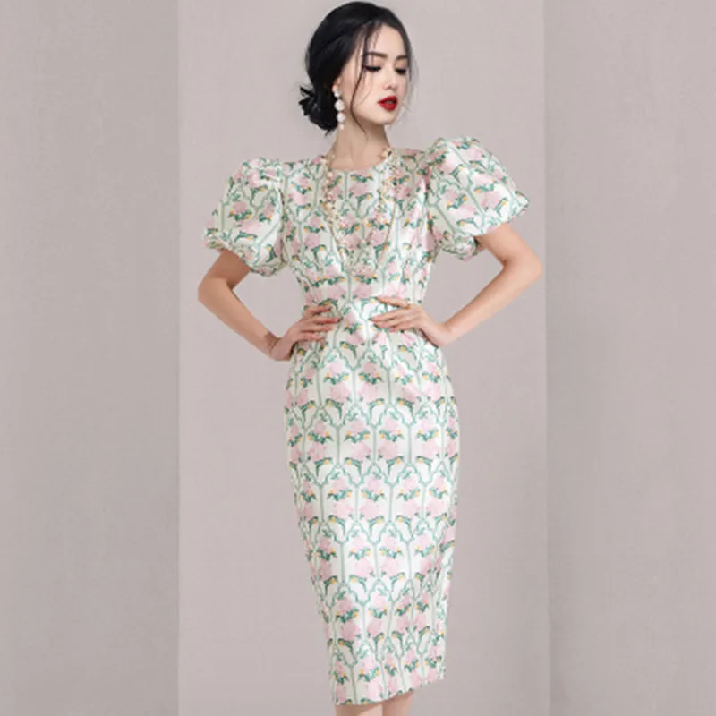 

2024 Summer New Temperament Slim Fashion Lantern Sleeve Print Dress Women's Casual Sheath Pencil Dress Bodycon Vestidos