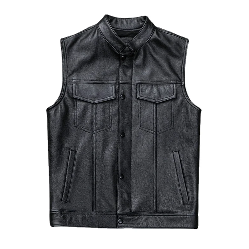Męska czarna kamizelka bez rękawów z kołnierzykiem, jednorzędowa, z kieszeniami, ze sztucznej skóry, rozmiary S M L XL XXL XXXL — zdjęcie 4