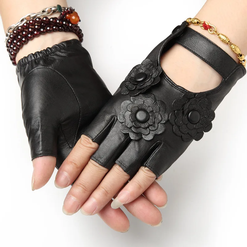 

Autumn Winter Real Leather Gloves Women Black Genuine Goatskin Fingerless Gloves Unlined Driving Gym Fitness Gloves 2023 New