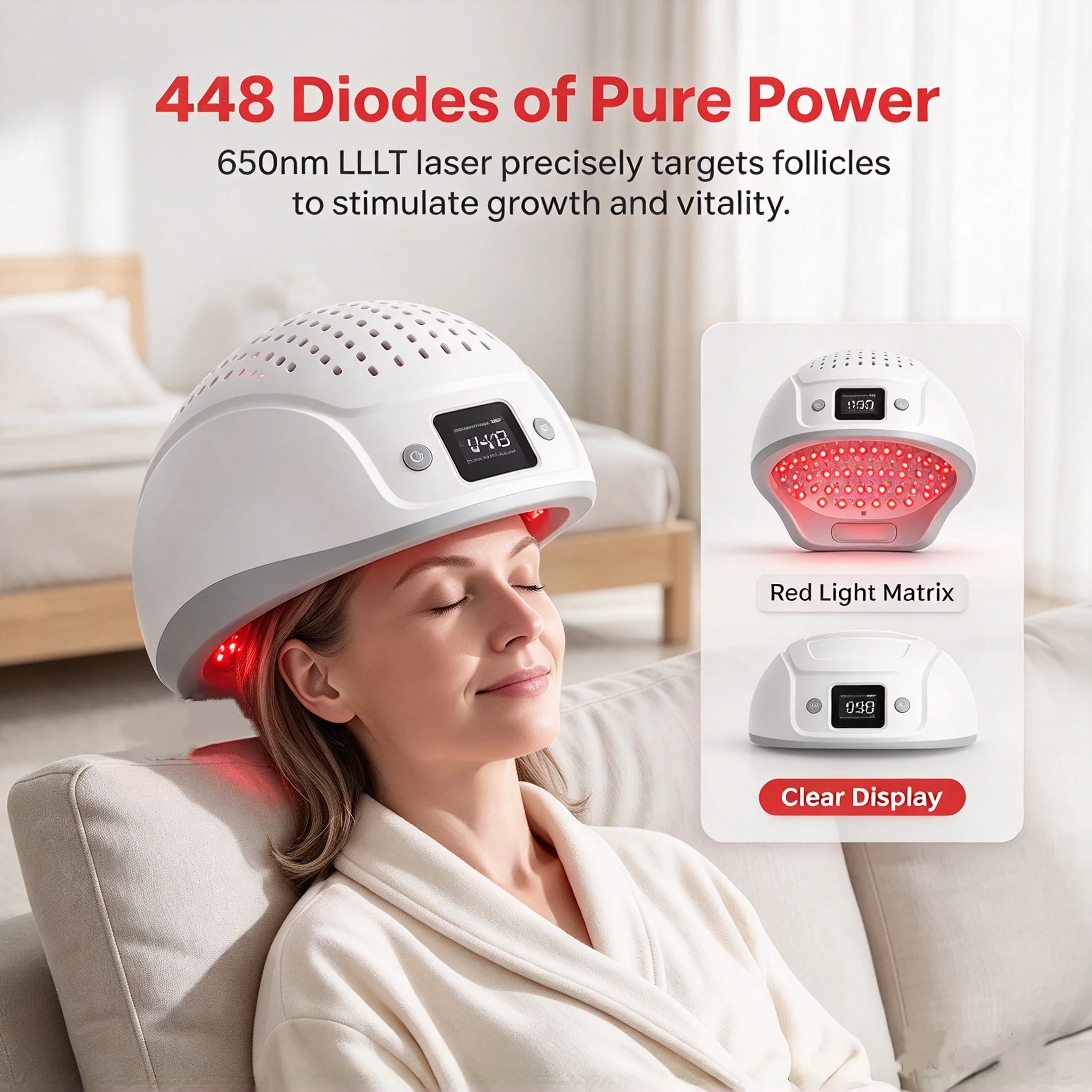 Toponechoice LLLT Red Light Laser 448 Diodes Rechargeable Hair Growth Therapy Helmet Cap Device for Alopecia Men Women