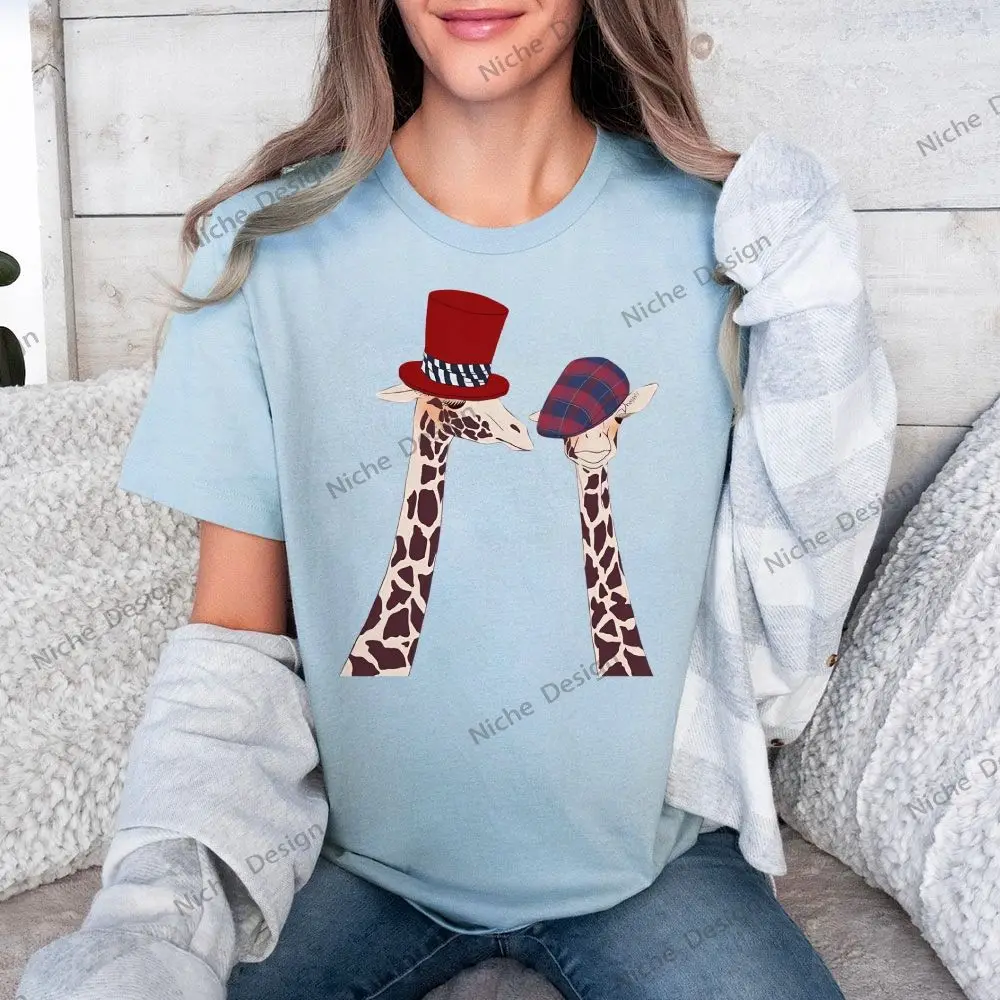 

Women's Summer T-Shirt Cotton Y2k Oversized Gentleman Cute Hooded Giraffe Print Top High Quality Gothic Streetwear Tee