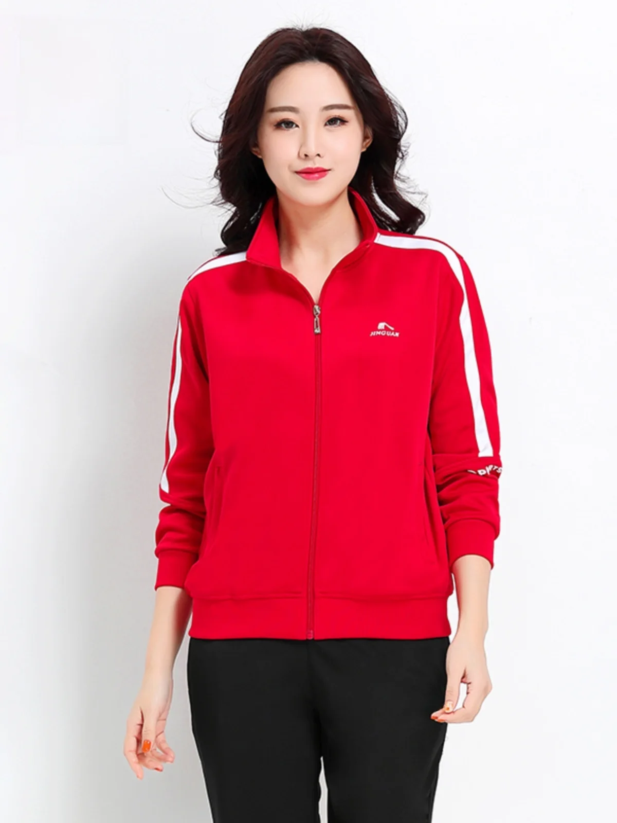 

JinGuan Spor Red Zipper Jaet Set Women's Long Sve Two-Piece Fitn up Wear Spring Autumn Suitable for Ages 35+