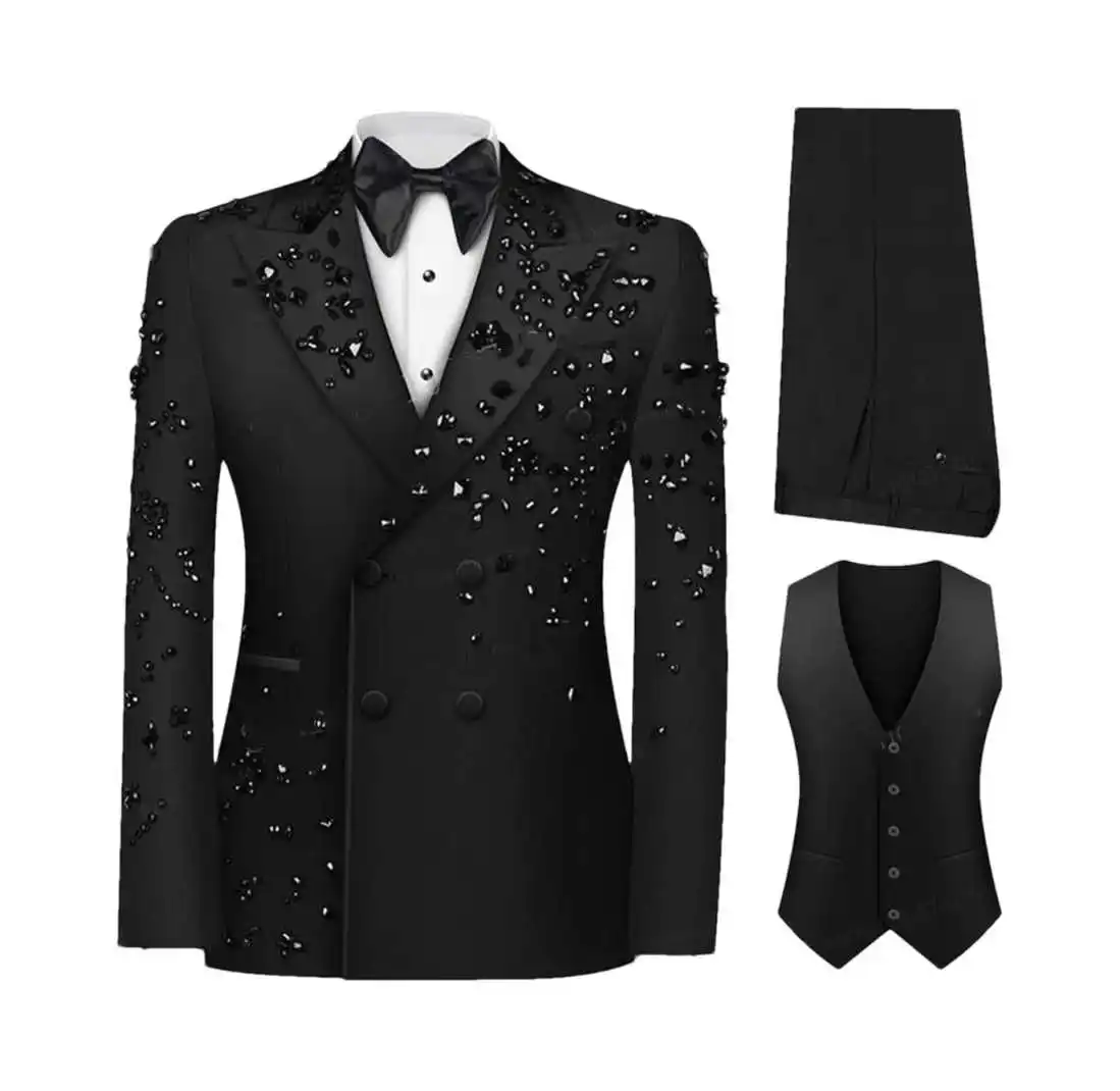 بدلات رجالية فاخرة بكريستال مزدوجة الصدر سترة ذات طية صدر السترة 3 قطع بدلات رسمية مخصصة لحفلات الزفاف والعريس