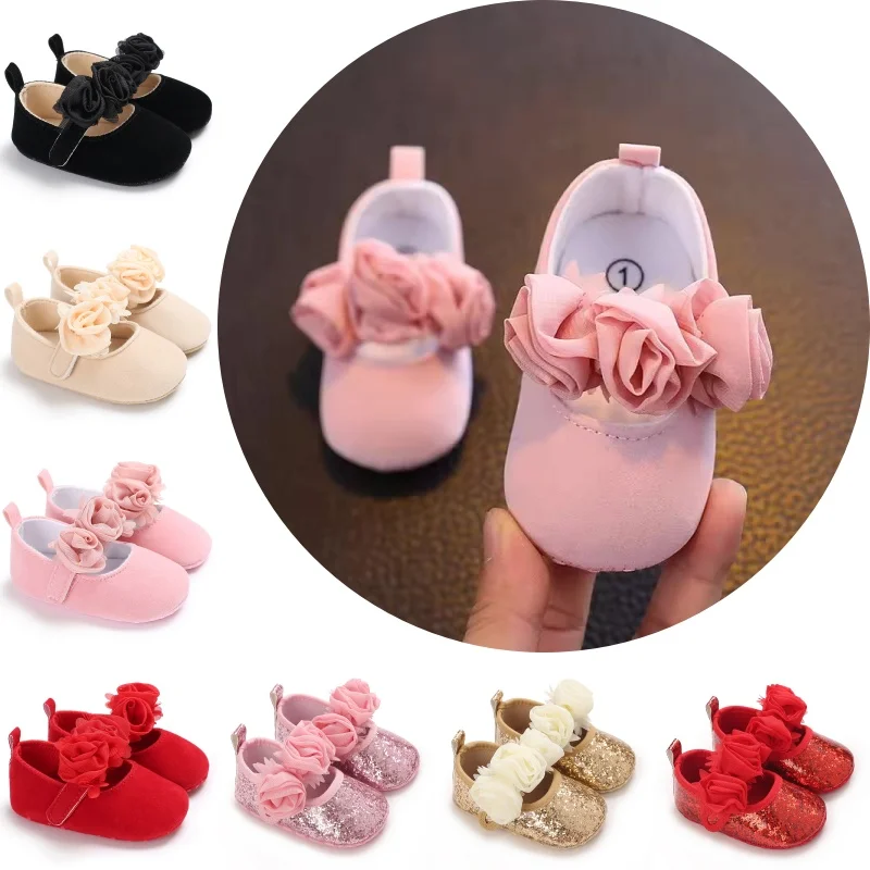 Chaussures d'apprentissage de la marche pour bébé, élégantes chaussures de berceau à fleurs 3D, chaussures de cérémonie souples multi-styles pour nouveau-nés filles de 0 à 18 mois