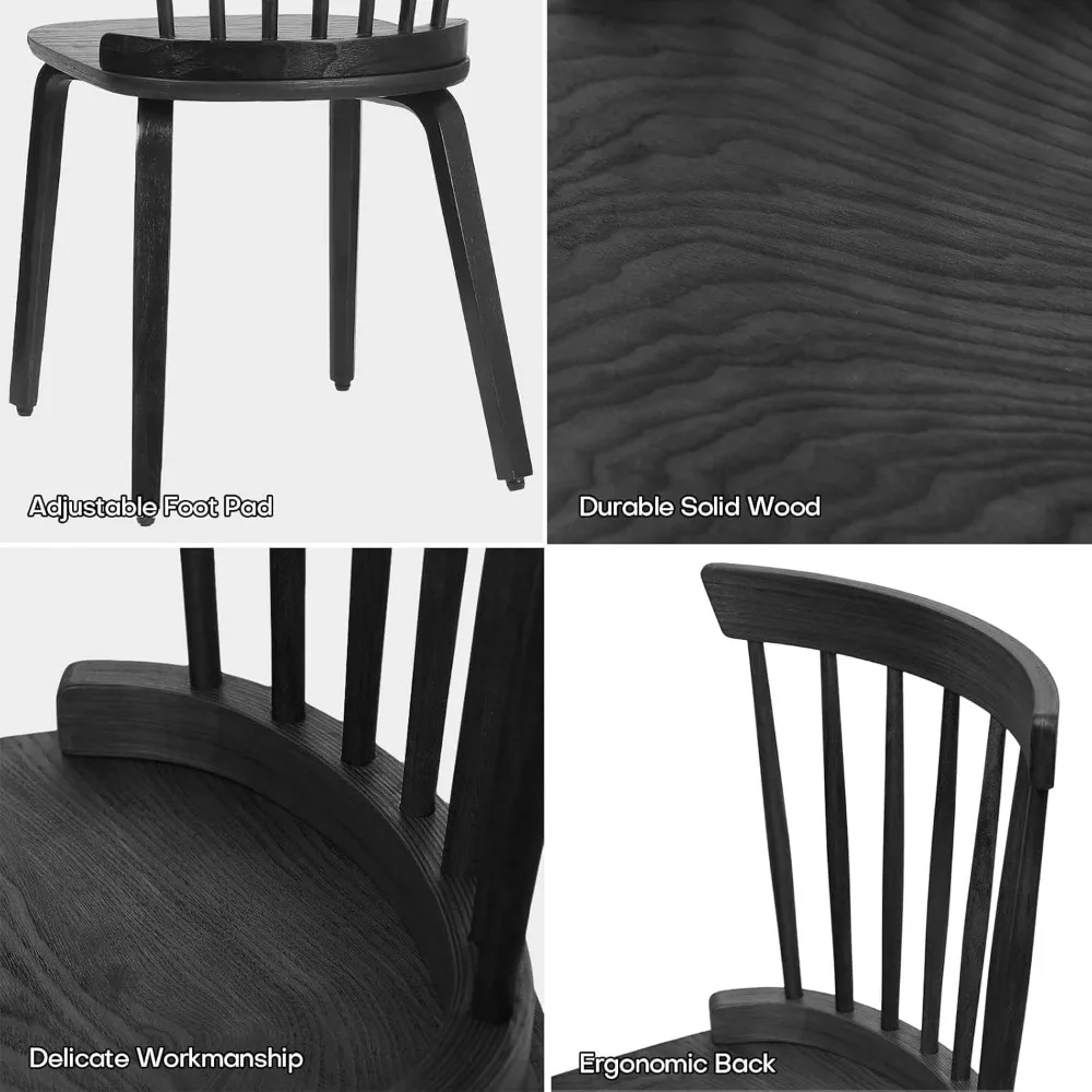 Windsor Dining Chairs Set of 6, Solid Wood Farmhouse Side Chair with Ergonomic Spindle Back and Bentwood Legs,Black,Dining Chair