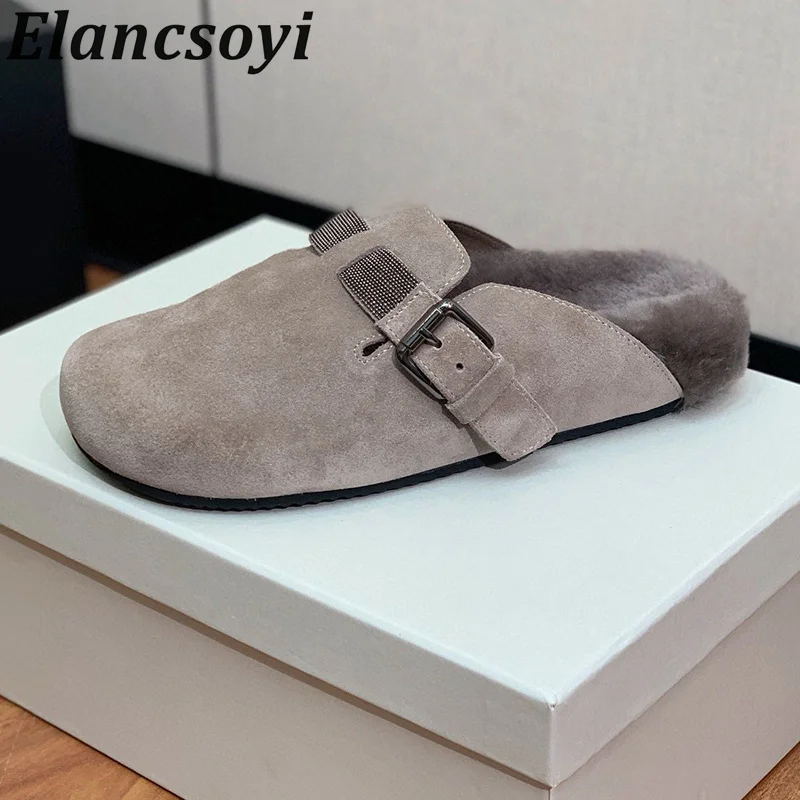 

Winter Closed Toe Cow Suede Metal Bead Flat Slippers Plush Lining Women's Comfortable Home Lazy Mules Leisure Vacation Shoes