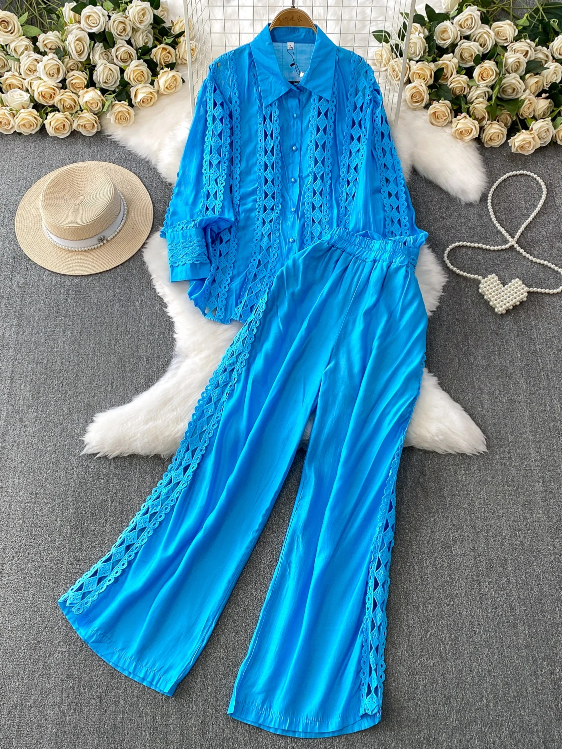

Gentle Breeze Blue Lace Splice Long Sve irt High Waist Slim Wide Leg Pants Tee Piece Set Collar Button down Women...