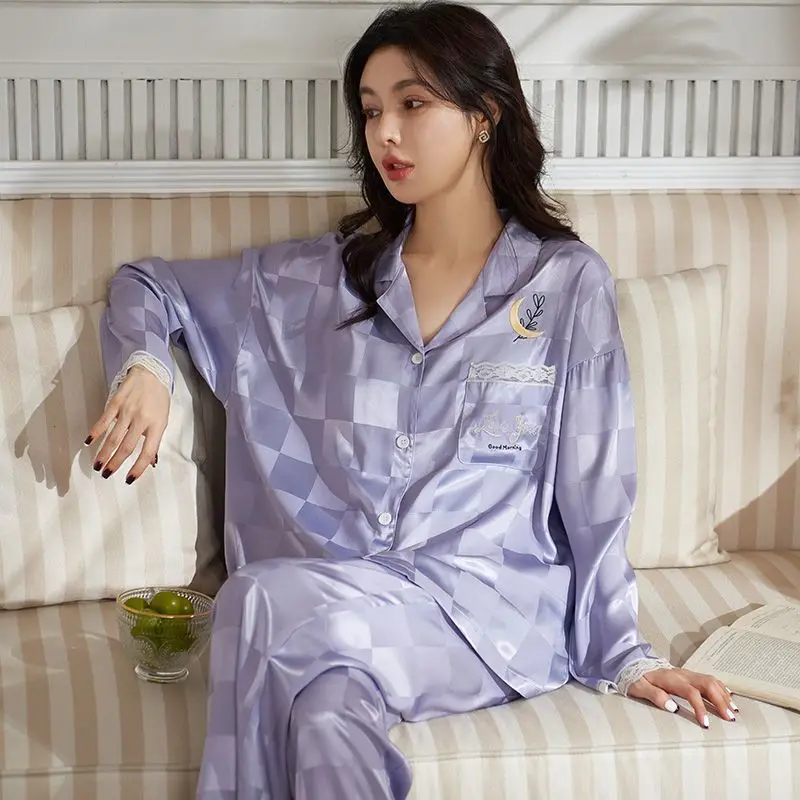 Lente Nieuwe Ijs Zijden Pyjama Vrouwen High-End Effen Kleur Dunne Homewear Tweedelige Dames Casual Lange Mouwen Losse Nachtkleding Set