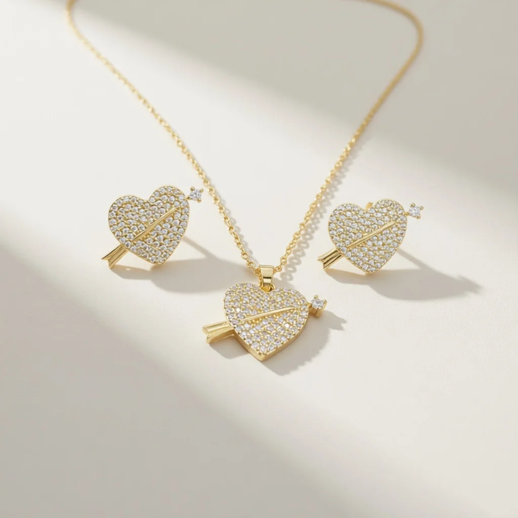 Gilded Arrow Heart Ladies' Jewelry Set, Full Set of Zircon Pendants and Earstuds, Romantic Date Banquet Daily Fashion Gift