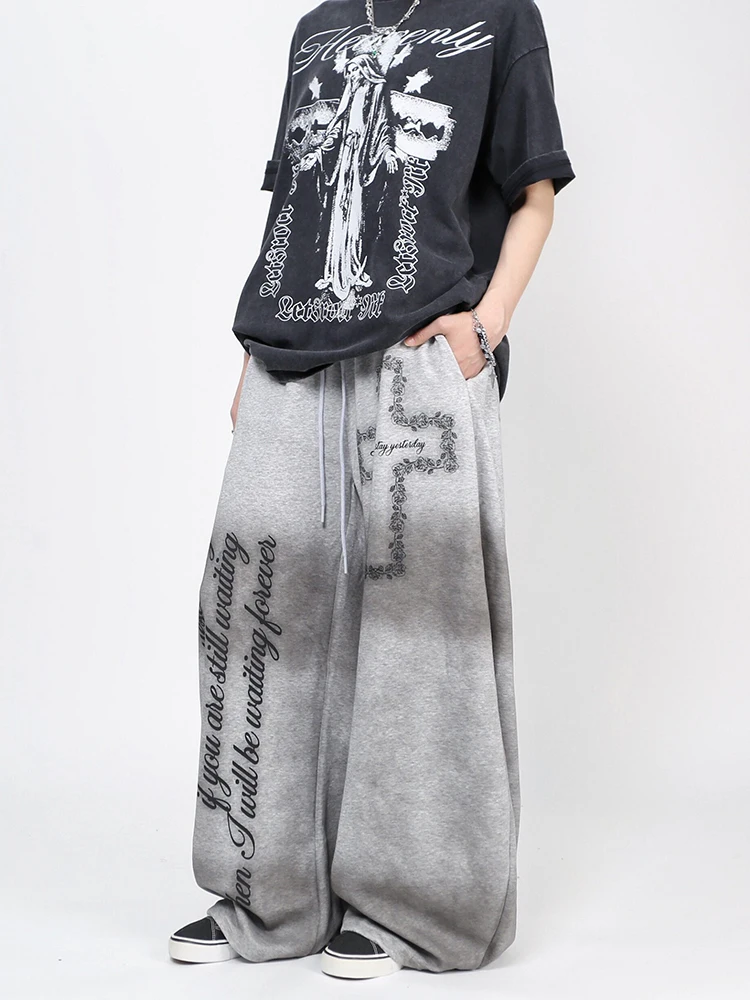 REDDACHiC Dirty Gray Baggy Sweat Pants Women Hip Hop Graphic Printing Do Old Drawstring Elastic Waist Joggers Causal Bottoms