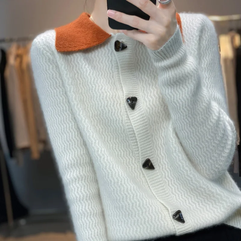 Autumn Winter New Women Cashmere Wool Sweater Polo Collar Ripple Pattern Colorblock Cardigan Casual Knitted Soft Jacket Tops