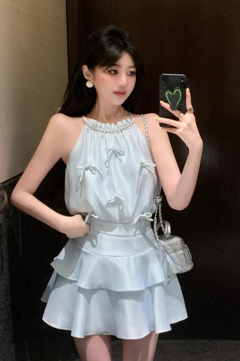 Temperament Fashion Hanging Neck Satin Diamond Top Cake Skirt Two-piece Set Women Bow Ruffle Edge Sleeveless Solid Summer Wear