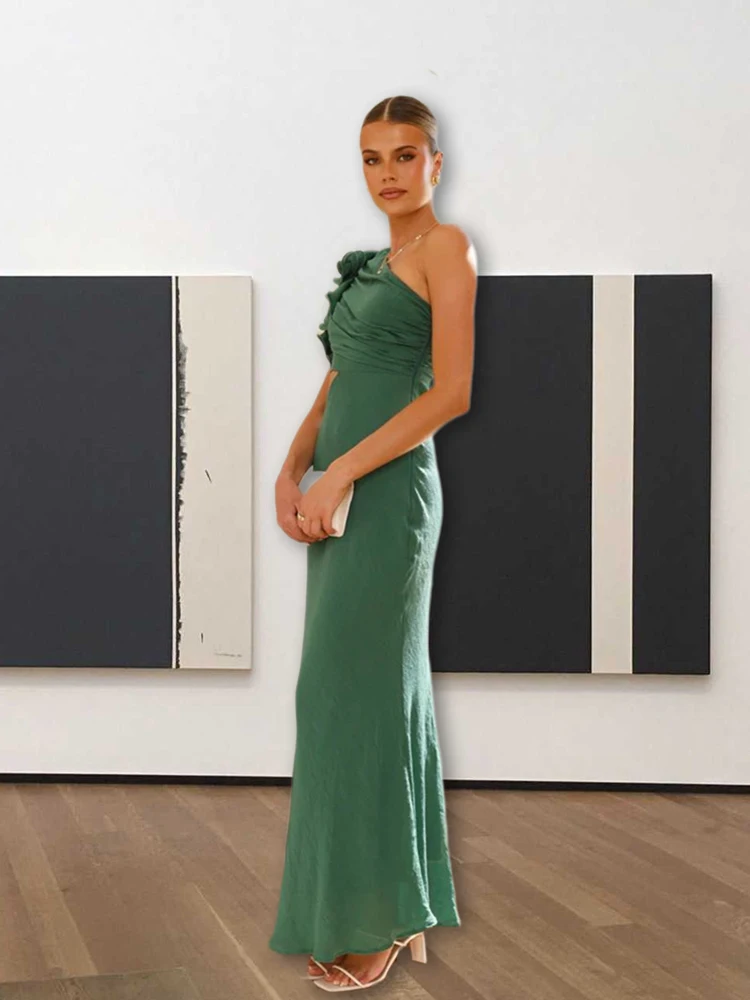 ผู้หญิงหนึ่งไหล่แขนยาวForkedชุดยาวเซ็กซี่Bodyconเซ็กซี่Streetwear Party Club Elegant 3Dดอกไม้Streetwearเสื้อผ้า