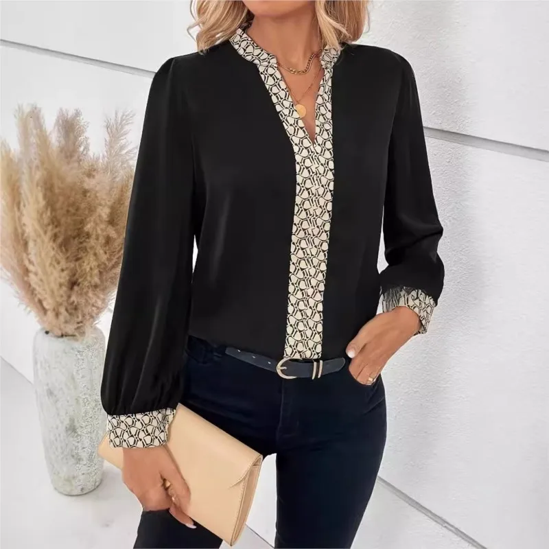 

Autumn Women's Black Blouse With Pattern Trim V-Neck Long Sleeve Spring Elegant Office Workwear Top