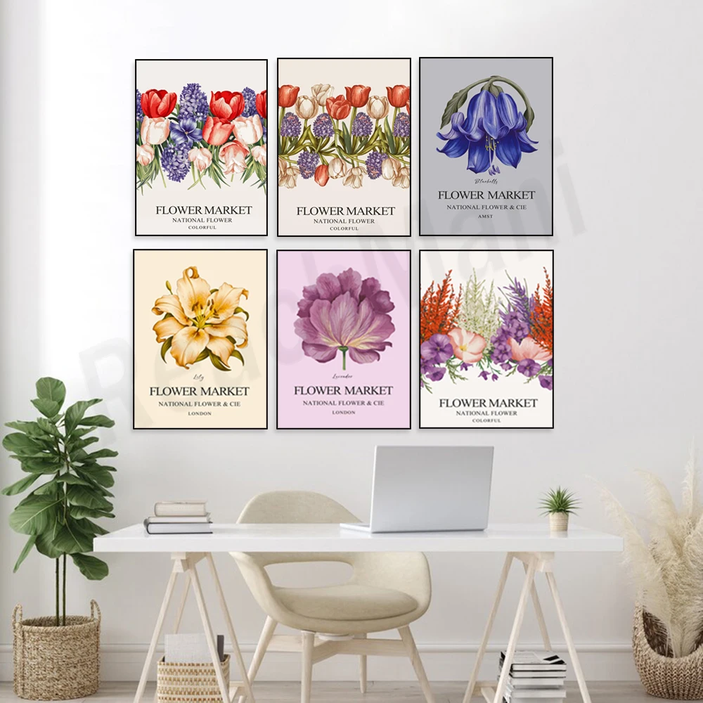 Boho lavender marine floral art, red roses, pansy plants, lavender, bluebells and wildflowers, azalea, hyacinth, botanical poste