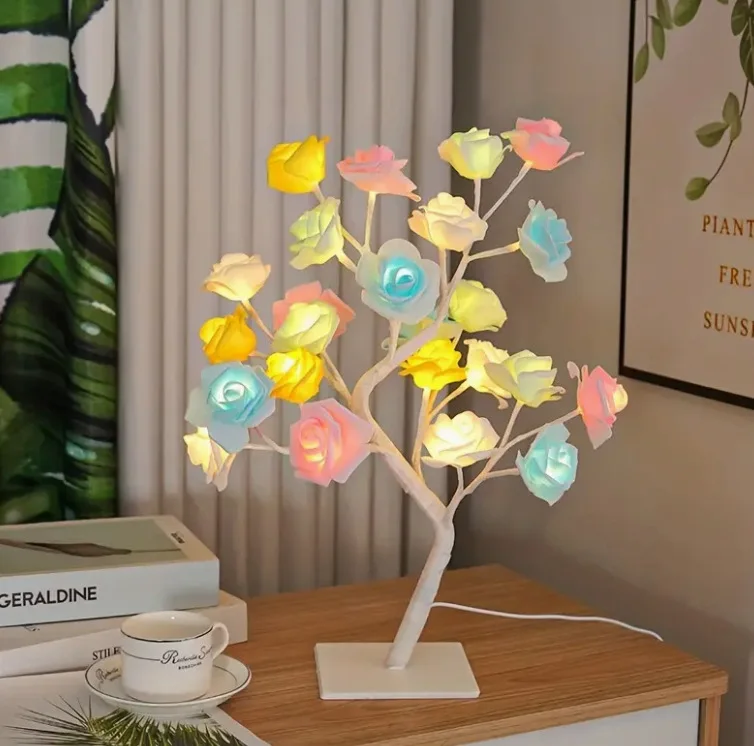 24 LED Rose Tree Lights USB Plug Table Lamp Fairy Flower Night Light For Home Party Christmas Wedding Bedroom Decoration Gift