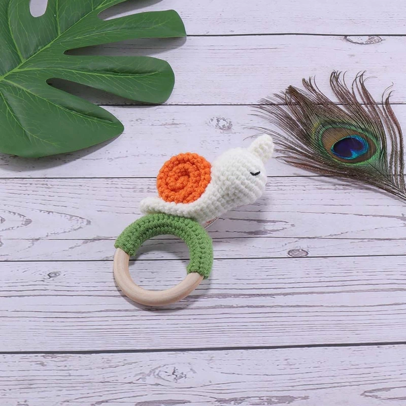 Cincin Teether Kayu Bayi DIY Kerincingan Hewan Rajutan Mainan Menyusui Bayi Tumbuh Gigi D5QF