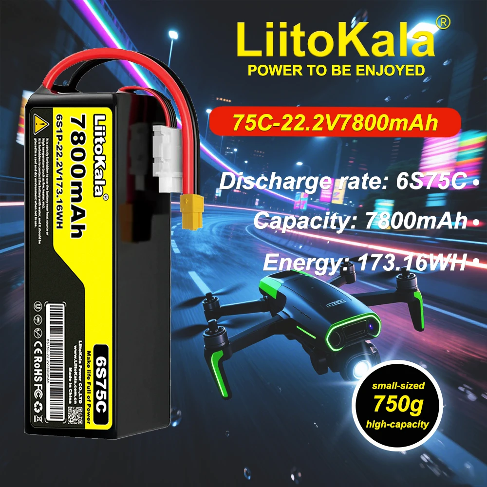 

LiitoKala 22,2 В, 7800 мАч, 6S, 75C, подходит для разрядки литий-полимерного аккумулятора для дрона для FPV-дронов, моделей самолетов, высокоскоростной разряд
