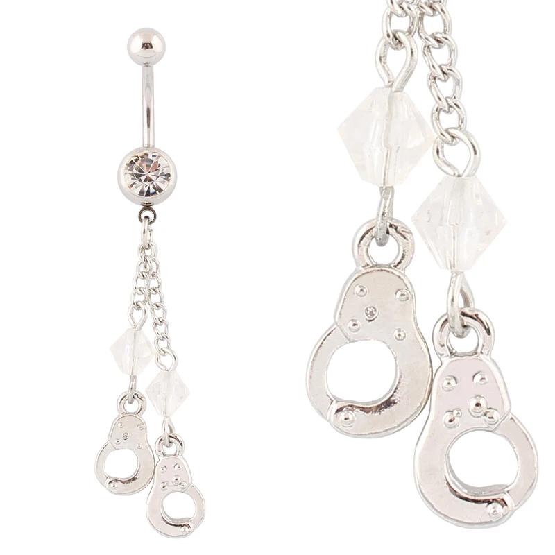 Belly button ring Dangle Handcuffs Body Piercing 14G 10mm stainless steel rod Clear Crystal beads Fashion jewelry