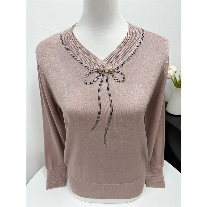 Western Mom Spring New Fashionable Knitted Bottoming Middle Aged and Old Women's Clothing Spring and Autumn T Shirt Tops