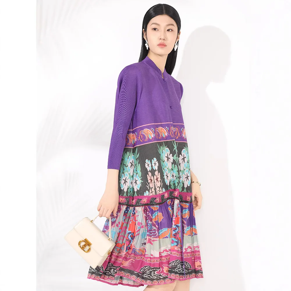 2025 ฤดูร้อน Retro ดอกไม้พิมพ์สบายๆกว้าง Pine STAND COLLAR SINGLE Breasted เกาหลีค็อกเทลผู้หญิง Elegant Dress