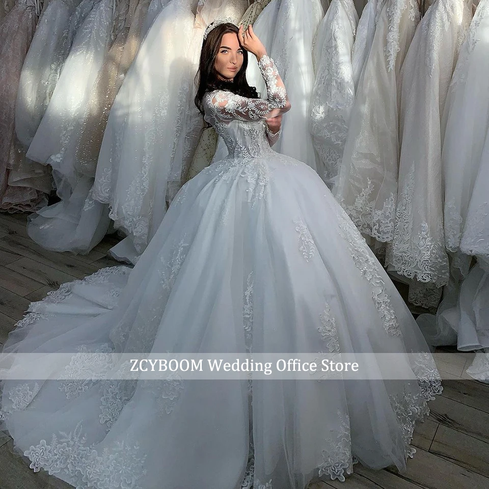 Customized Luxury Princess Ball Gown Long Sleeves Wedding Dresses Lace Appliques Women Bride Gowns Court Train Vestidos De Novia