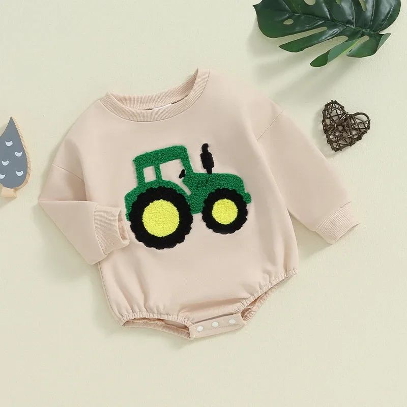 

New Baby Girls Boys Fall Romper Bubble Long Sleeve Crewneck Tractor Embroidery Bodysuits Baby Casual Sweatshirt Playsuit