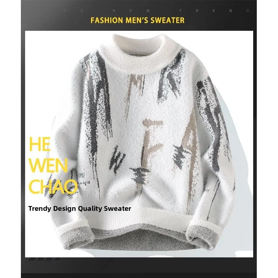 

Мужской теплый вязаный свитер Fce Lined Thi с высоким воротником, зимняя норковая бархатная основа, irt Faion Urban Sle, полиэфирное волокно