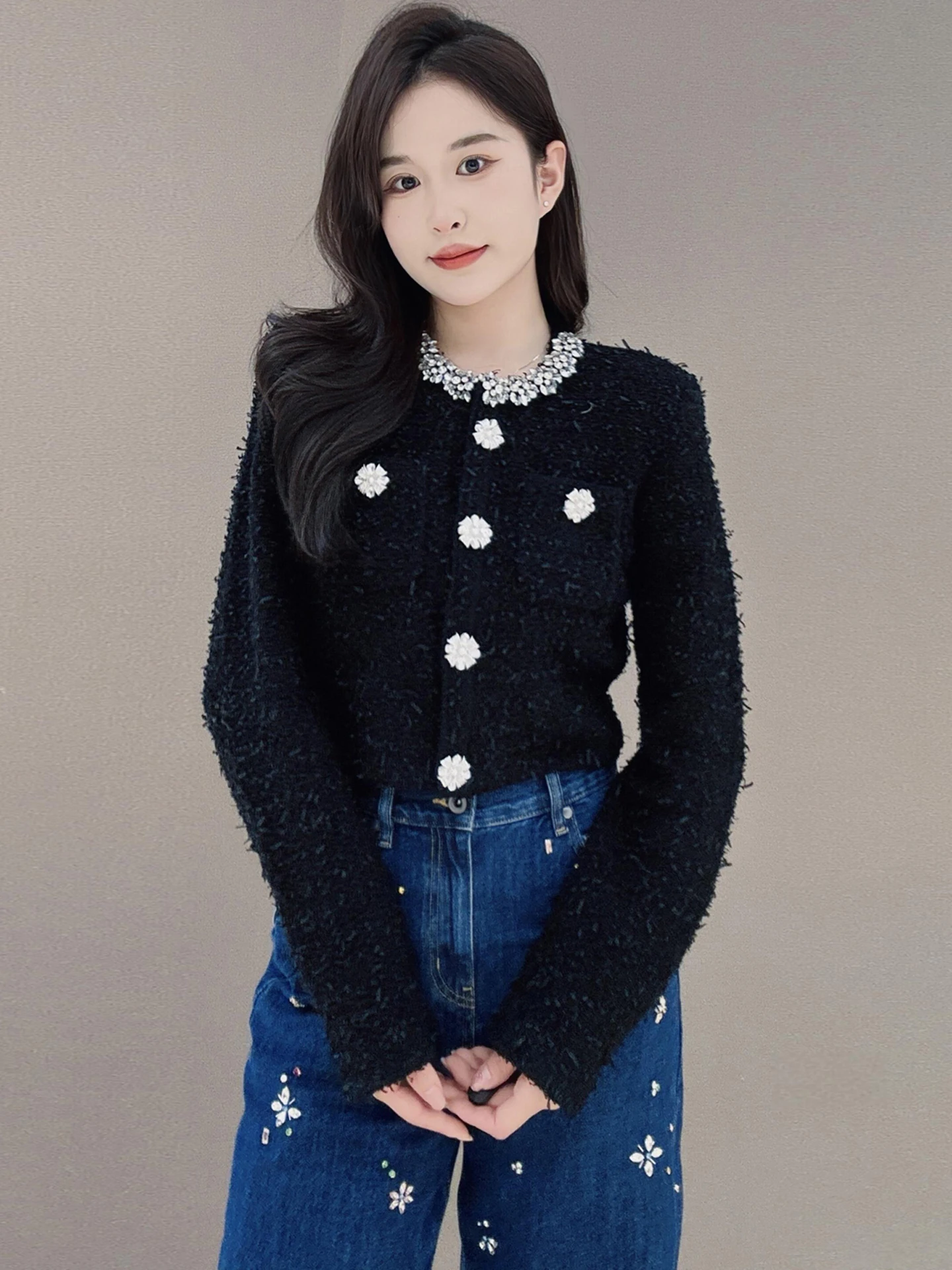 

Вязаный кардиган с тяжелой вышивкой и бриллиантами, пальто Hepburn Sle, женская верхняя одежда премиум-класса Faion, осень-зима