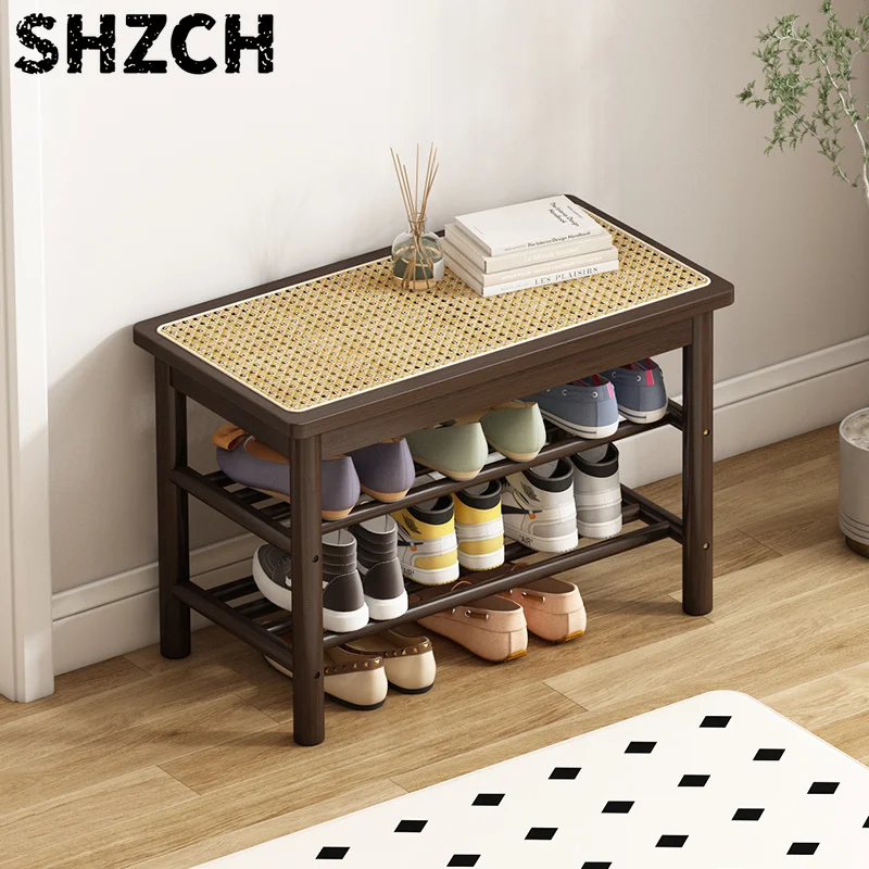 Solid Wood Woven Rattan Seat Multi-Tier Entryway Shoe Bench Durable Shoe Rack for Home Porch Space Saving Storage Stool