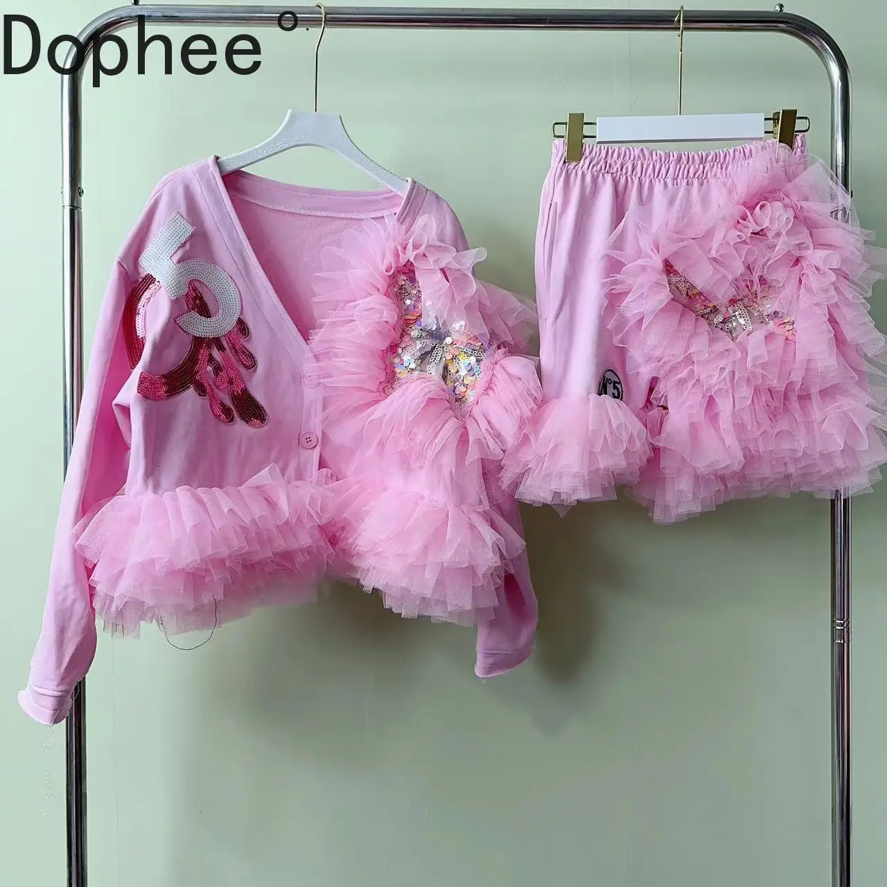 

Original Design New Autumn Women Two-piece Set Embroidery Sequins Mesh Cardigans Hoodie Top Elastic Waist Loose Fairy Shorts