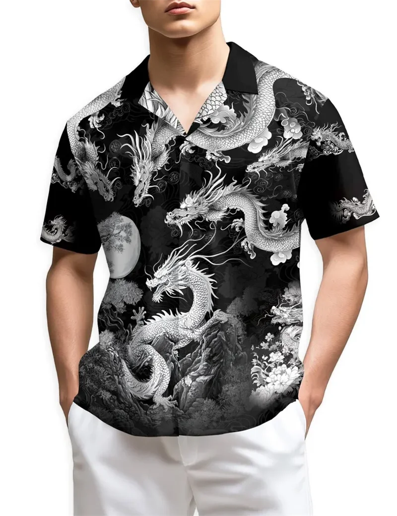 Japanese Dragon Pattern Hawaiian Man Shirts Women Black White Accent Casual Beachwear For Vacation Men's Shirt Clothing