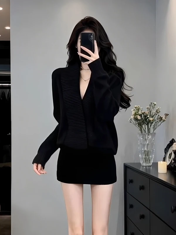 

Ele Bla V-Ne Long Sve Трикотажное платье Женская осенне-зимняя утягивающая юбка с запахом Bodycon Dr