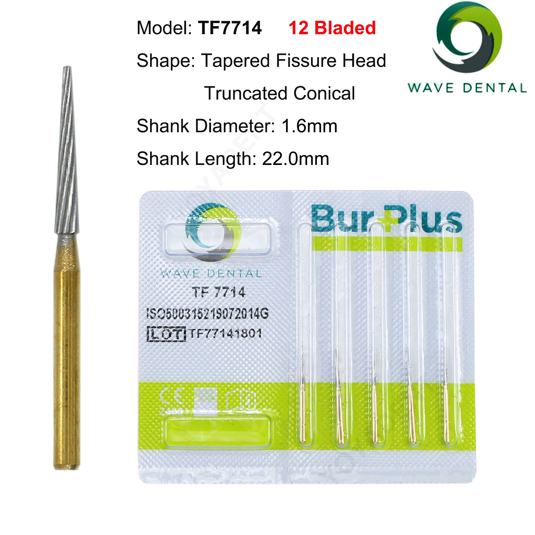 WAVE Dental Drill Gold Plated Dental Bur Trimming Finishing Tapered Fissure Head 12 Bladed TF7714 High Speed Turbine Handpiece