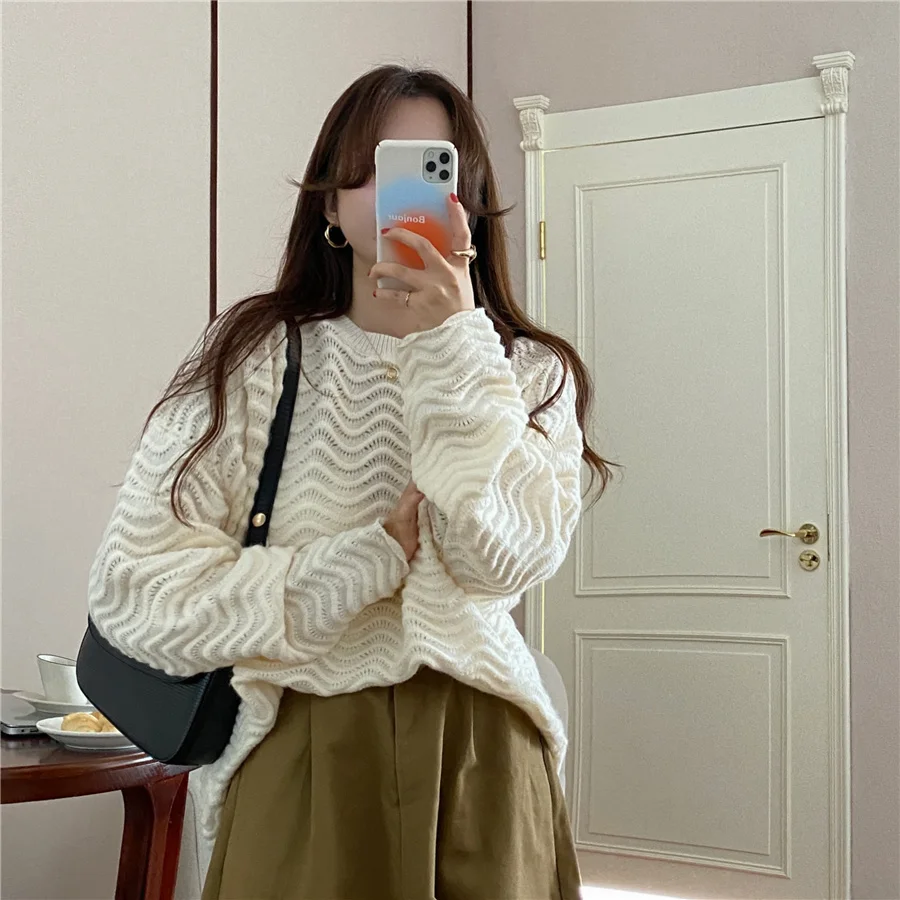 Thiened ルーズカジュアルレディースセーター 無地 3D ウェーブパターン スイート Sle ロング Sve ラウンドネック プルオーバー 秋春