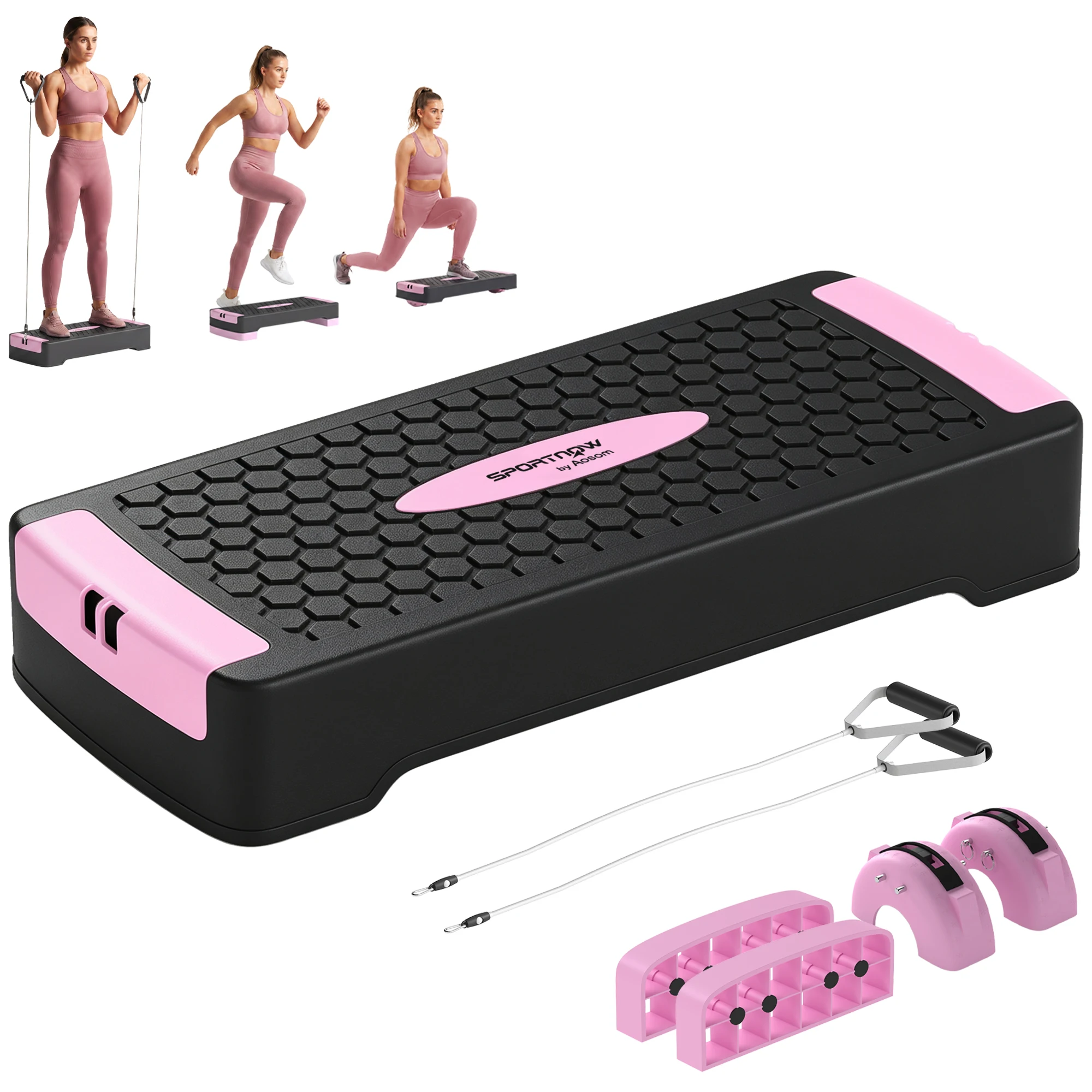 Step Board, réglable en hauteur, fitness aérobic stepper, niveau 2 (11/16 cm) 2 bandes de résistance, tapis antidérapant rose, fitness step, aérobic step, stepper