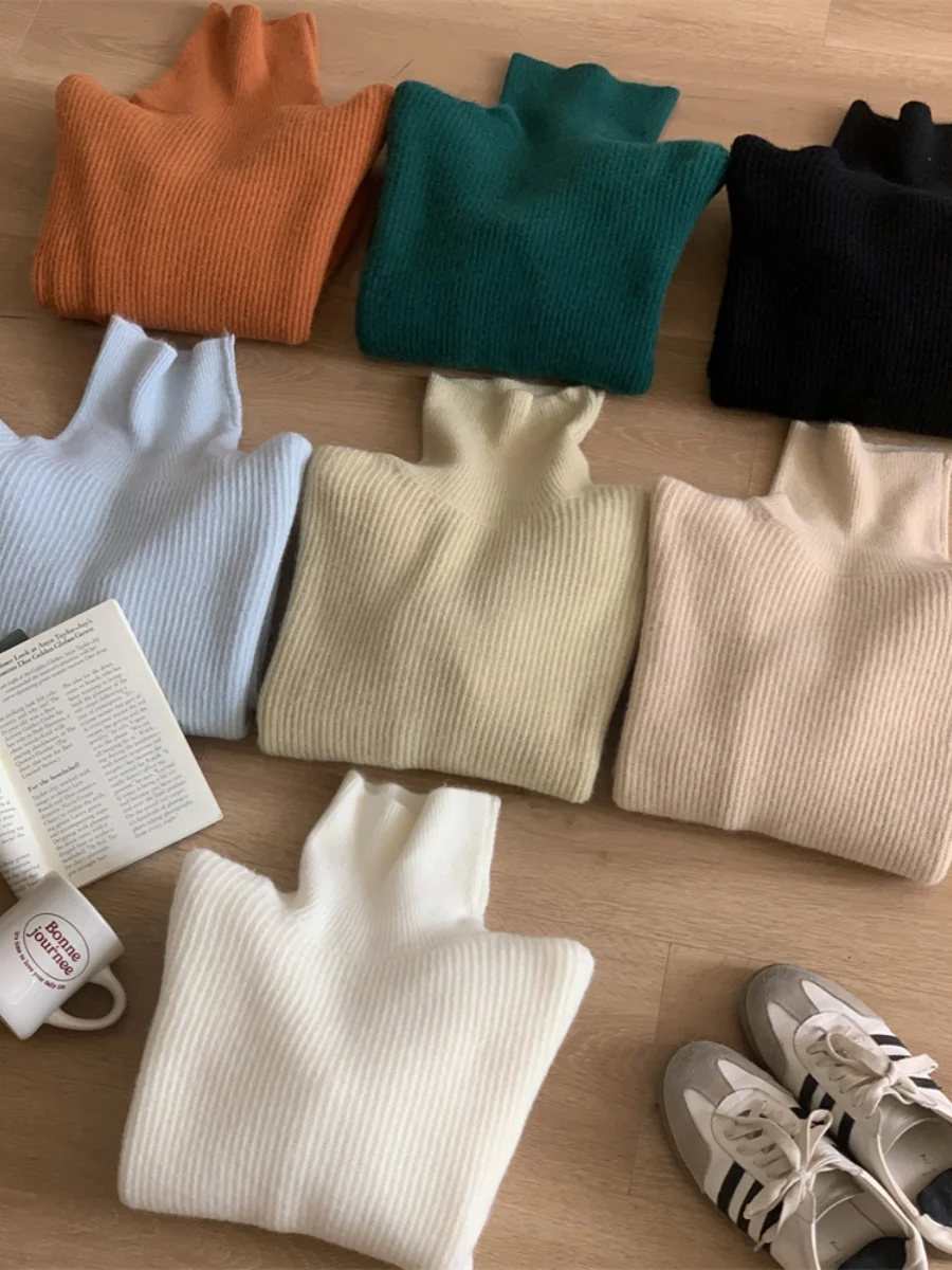 

Мягкий уютный вязаный шерстяной свитер с высоким воротником без косточек, винтажный длинный свек, круглый Ne, обычный, тонкий, чистый цвет