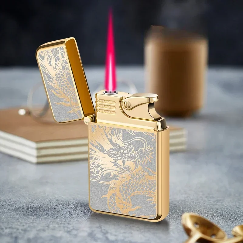 New Windproof Lighter Metal Plated Dragon Relief Pattern Red Flame Direct Spray Cigar Lighter Smoking Accessories Tool Gift