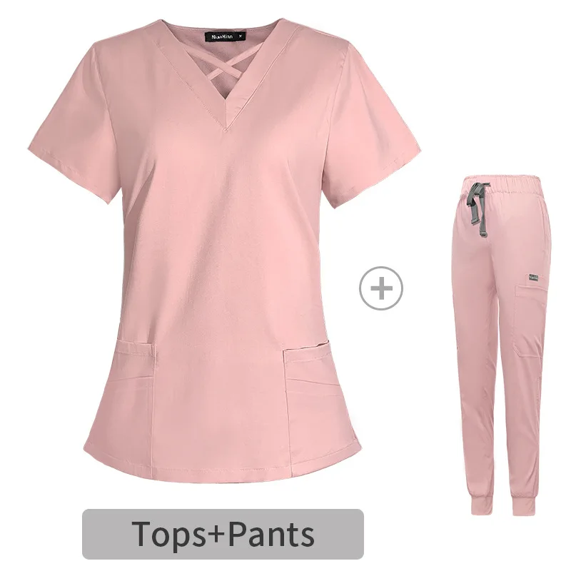 Women Medical Uniforms Elastic Scrubs Sets Hospital Surgical Gowns Short Sleeve Tops Bottoms Nursing Accessories Doctors Clothes