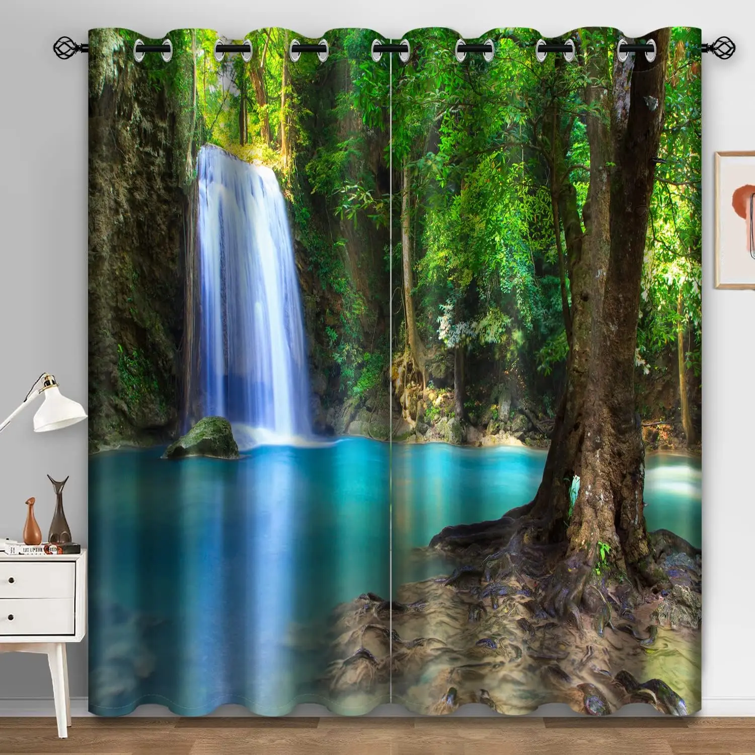 

Window Curtain for Living Room and Bedroom Nature Tropical Jungle Rainforest Waterfall Green Tree Landscape Shading 2 Panels