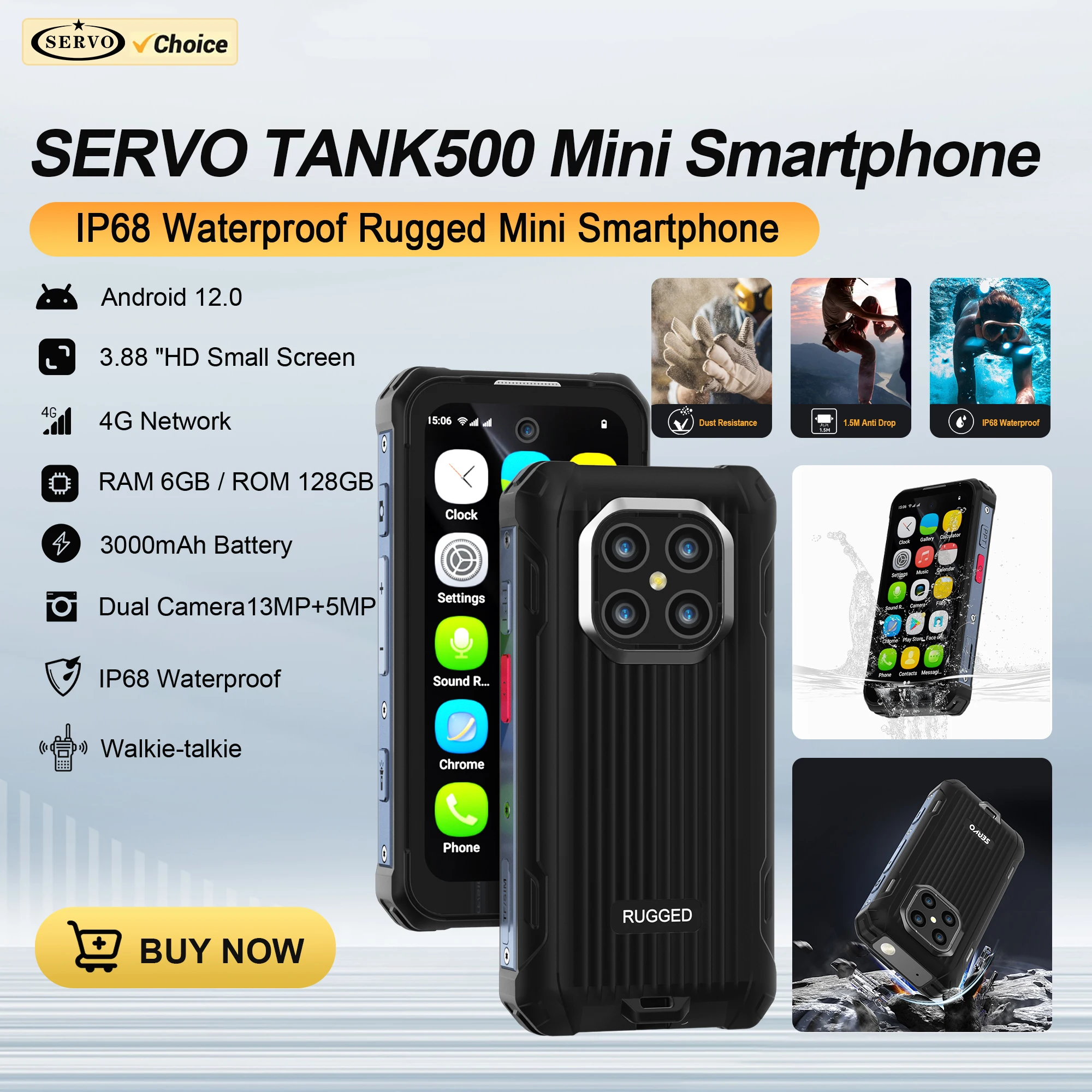 SERVO TANK500 4G LTE Mini Rugged Smartphone Android 12 OS 6GB+128GB PTT WiFi Dual SIM Card IP68 Waterproof Small Smart Cellphone