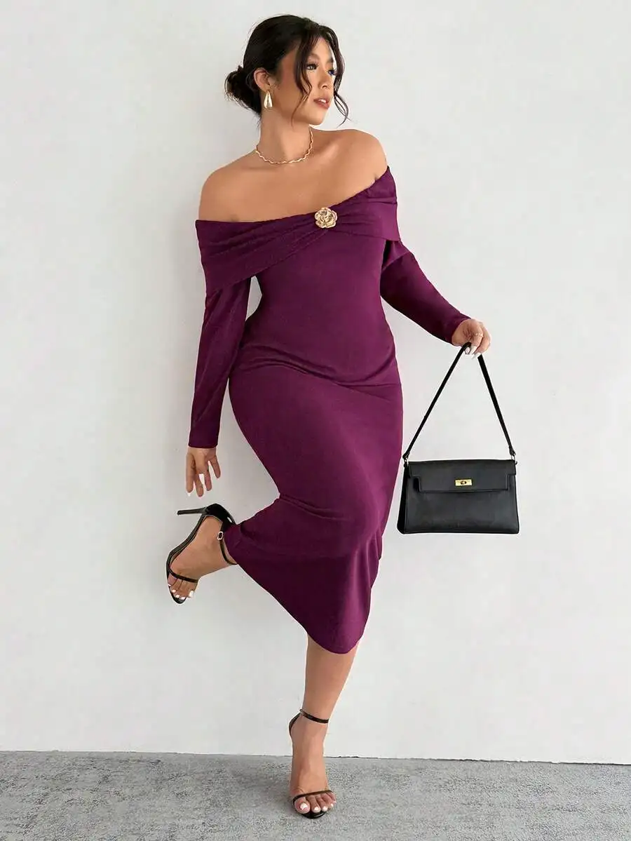 

Elegant Off-Shoulder Bodycon Dress With Metal Flower Decor Long Sleeve Purple