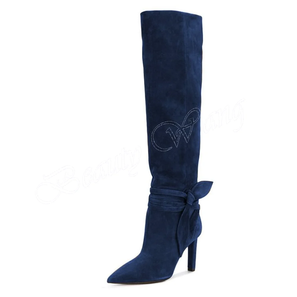 Blue Side Bow Knot Suede Boots Knee High Stilettos Heel Shoes for Women Solid Pleated Runway High Heels 2023 Zapatillas Mujer