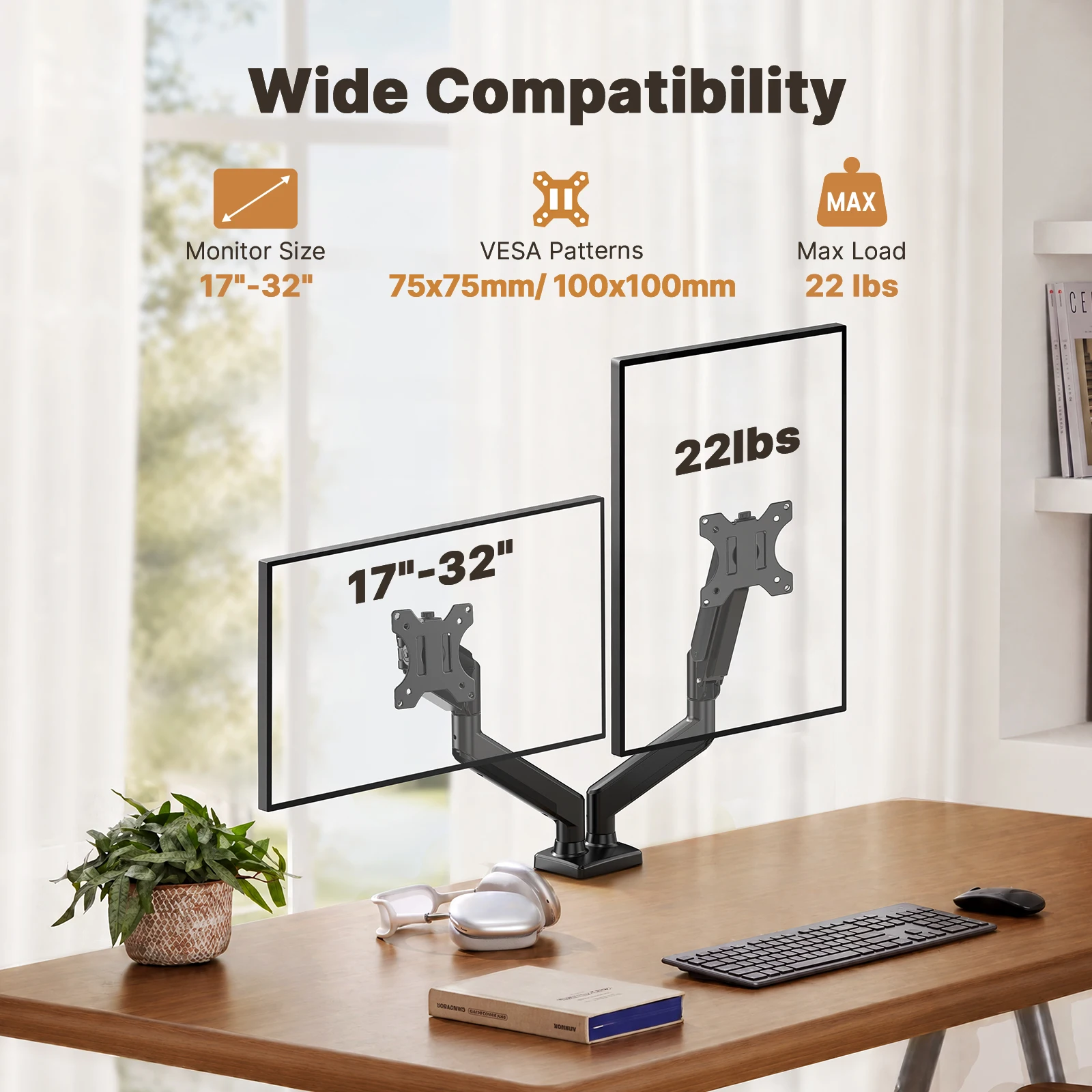 Single/Dual Monitor Stand up to 33 Inches Screen, Load-Bearing Max 22 lbs Each Arm, Adjustable Dual Monitor Mount, Sturdy Steel VESA Monitor Mount with Stable VESA 75x75 100x100mm