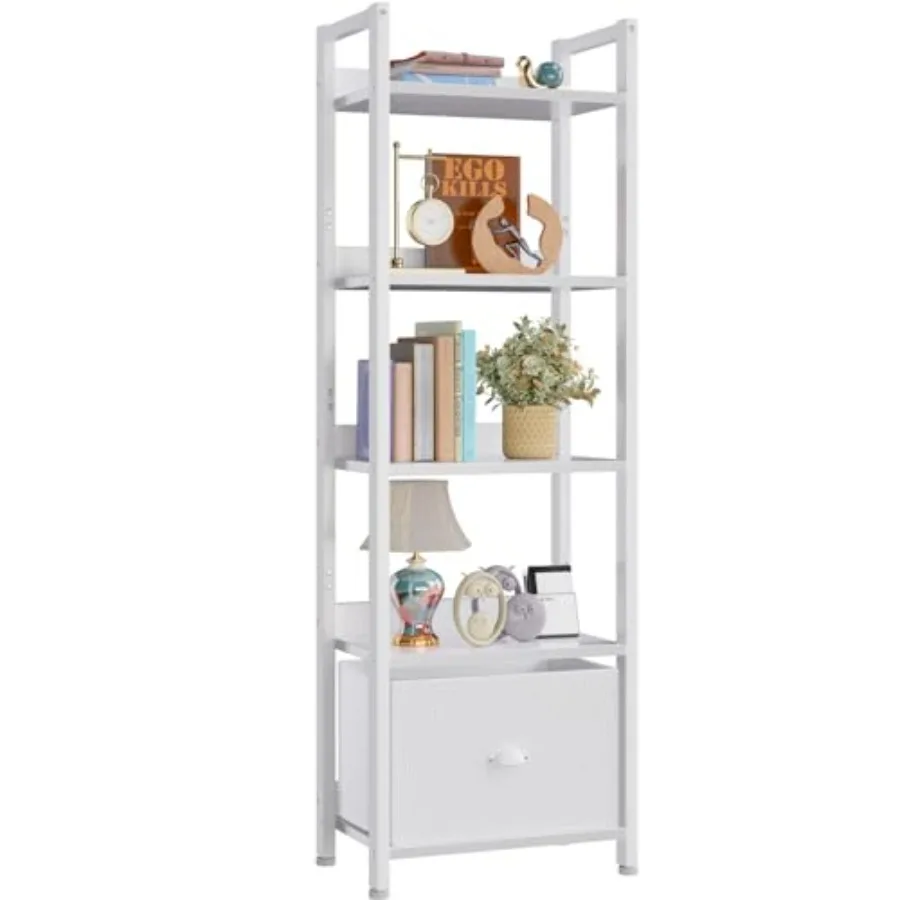 

5 Tier Bookshelf with Drawer Tall Narrow Bookcase with Shelves Wood and Metal Book Shelf Storage Organizer Modern Display Stand