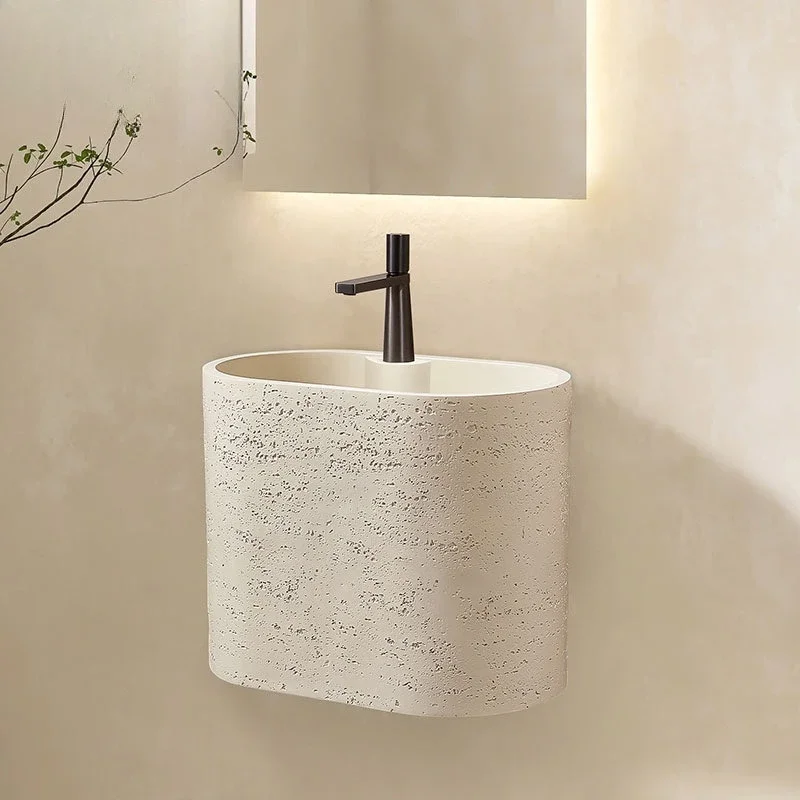 Wabi Sandy Wind Travertine Washbasin Art Wall-mounted Small Size Round Washstand