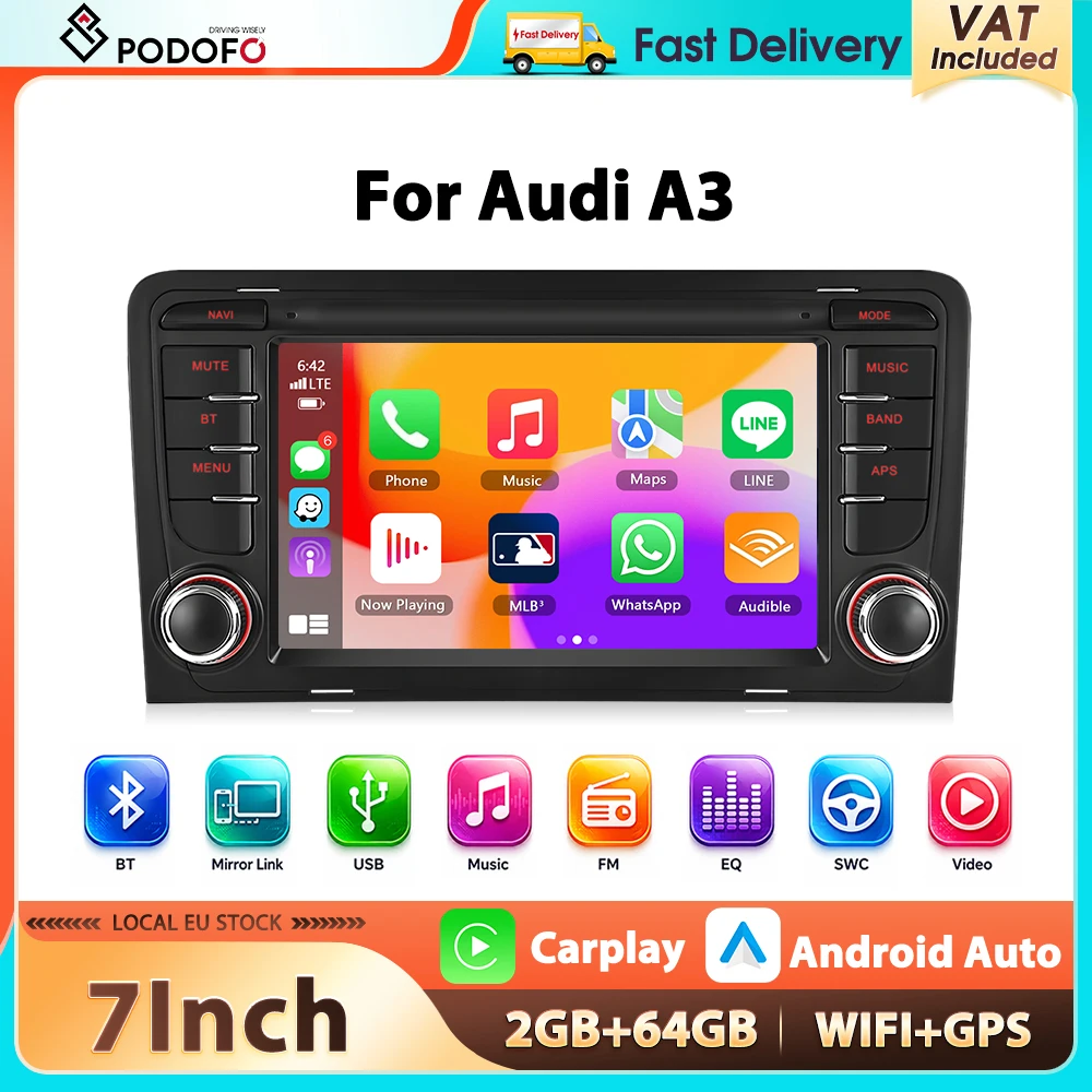 Podofo 2+64G, autoradio da 7 pollici per Audi A3 2003-2012, lettore multimediale, navigazione GPS, Carplay, Android Auto, WIFI, equalizzatore, FM/RDS, sistema audio per auto.