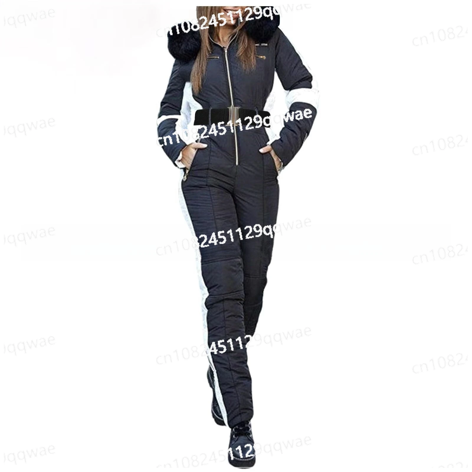 Women One Piece Ski Suit Winter Snowboard Jumpsuit Waterproof Windproof Thicken Hooded Outdoor Sport Wear for Mountain Hiking