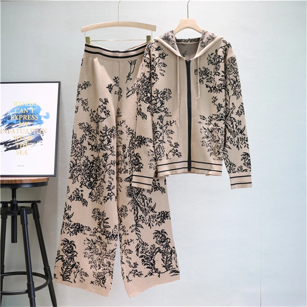 New Fashion Floral Jacquard Knitted 2 Piece Set Womens Outfits Casual Loose Hooded Sweater+Wide leg Pants Set