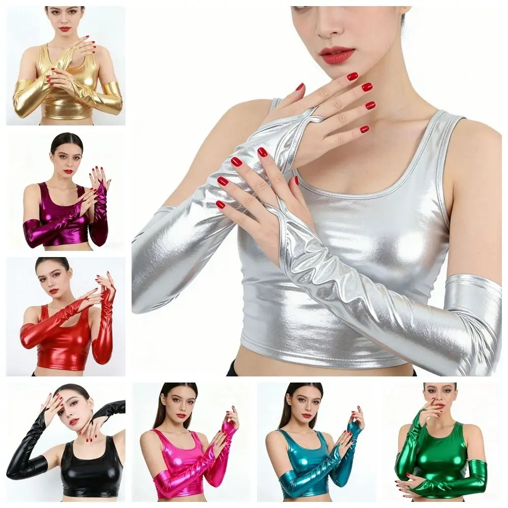 Slim Elastic Hook Finger Long Gloves Cloth Elbow Long Patent Leather Black Gloves Sun Protection Shiny Women Gloves Nightclub